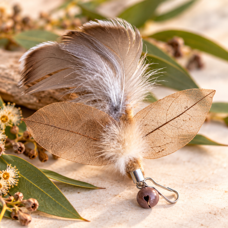 Aussie Bush cat toy featuring Bush Moth attachment with feathers and leaves, perfect for engaging playful cats.