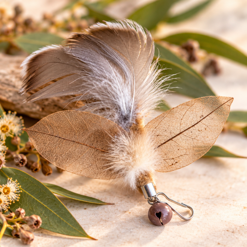 Aussie Bush cat toy featuring Bush Moth attachment with feathers and leaves, perfect for engaging playful cats.