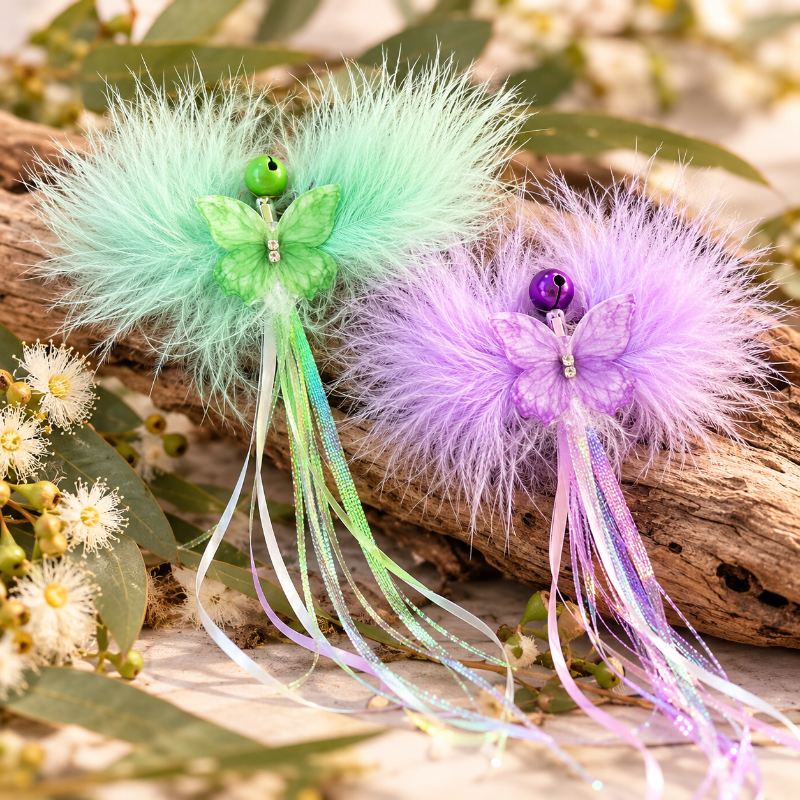 Aussie Bush cat toy - Flutter Bling features colorful fluffy butterfly designs perfect for feline playtime.