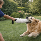 Boy playing tug of war with a dog using a Dog Tug Toy made from soft sheepskin in a green backyard.
