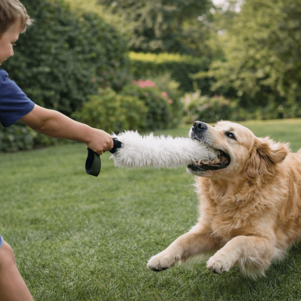 Boy playing tug of war with a dog using a Dog Tug Toy made from soft sheepskin in a green backyard.