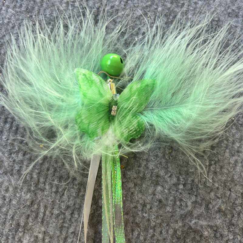 Aussie Bush cat toy - Flutter Bling with green feathers, silk butterfly, and rhinestones for playful felines.