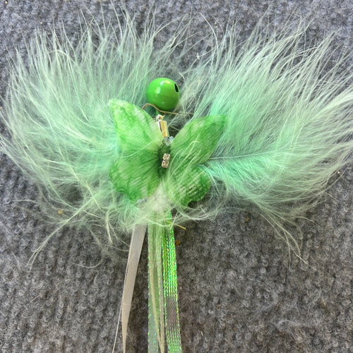 Aussie Bush cat toy - Flutter Bling with green feathers, silk butterfly, and rhinestones for playful felines.