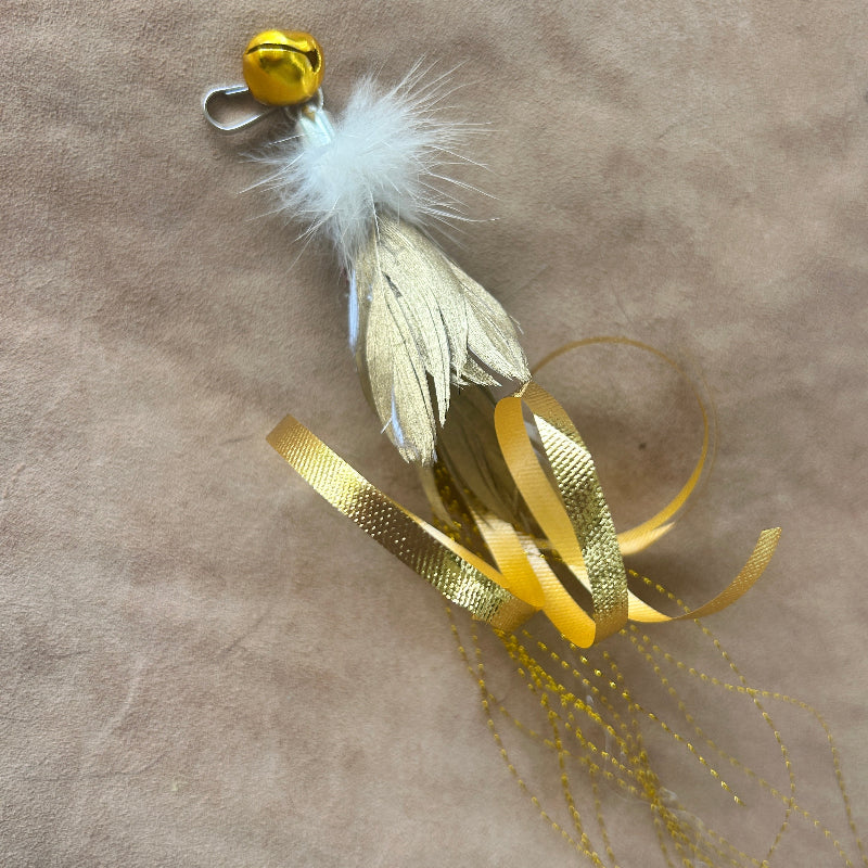 Christmas Cat Gift - Golden Wisp, handmade shimmering feather cat teaser attachment with ribbons and a bell.