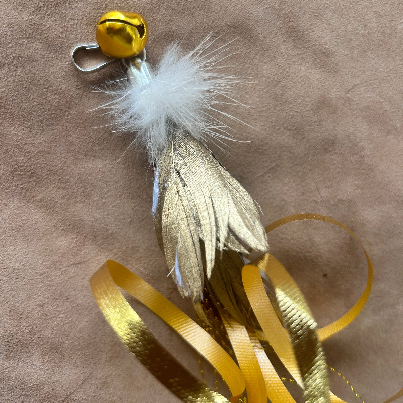Christmas Cat Gift - Golden Wisp handmade shimmering feather teaser attachment with bell and ribbons.
