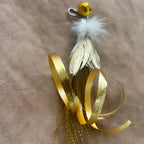 Christmas Cat Gift - Golden Wisp, handmade cat teaser attachment with feathers and ribbons.