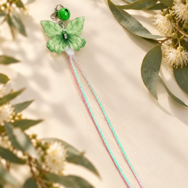 Aussie Bush Cat Toy - Shimmer Bug with green butterfly wings and shimmering tails, perfect for feline play.