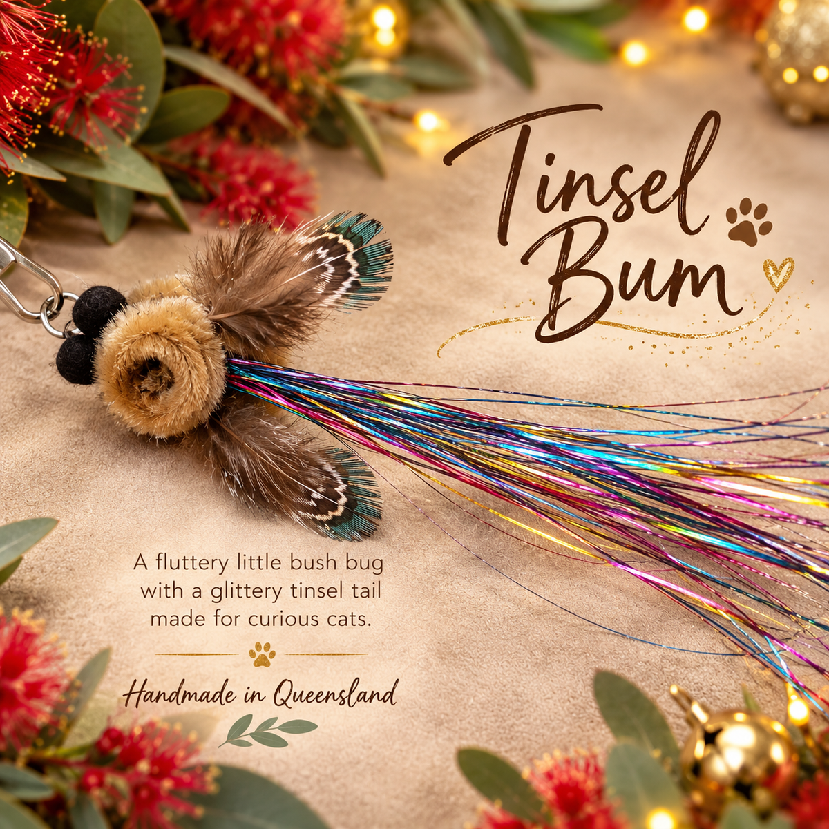 Christmas Cat Gift - Tinsel Bum toy with glittery tail, handmade for curious cats in Queensland.