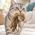 Aussie Bush Cat Toy in a cat's mouth, featuring a fluffy rabbit-fur body for exciting play.