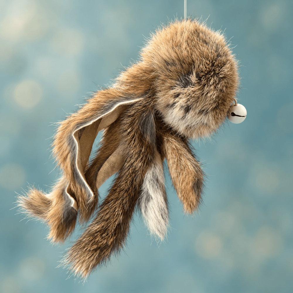Aussie Bush Cat Toy featuring a fluffy octobun attachment with rabbit-fur body for feline play.